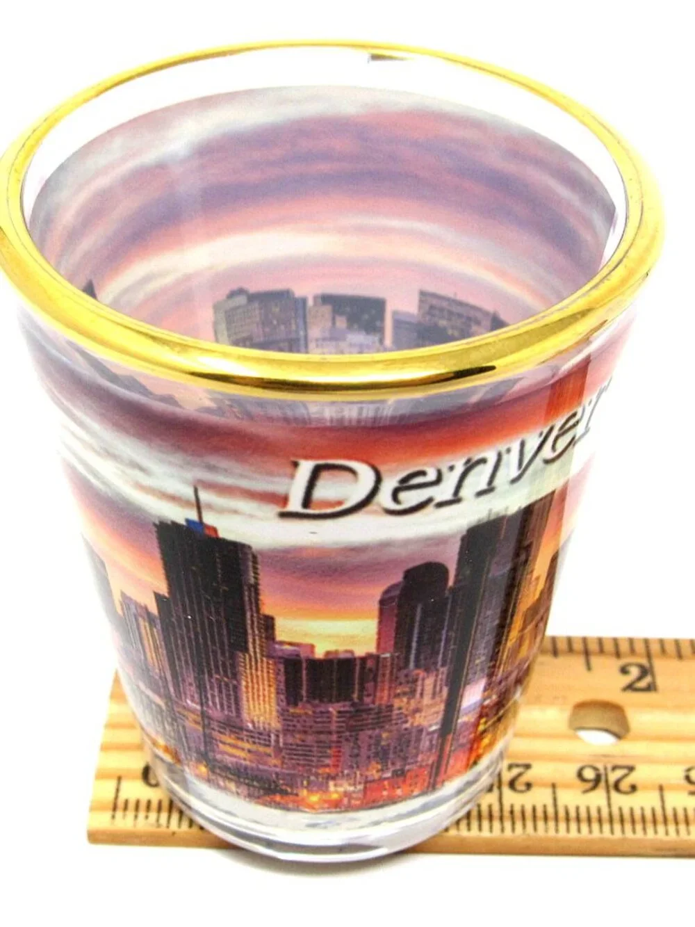 Share Denver Skyline Shot Glass at Sunset Colorado 2 oz Gold New